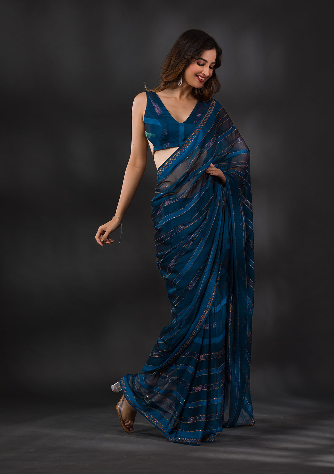 Peacock Blue Swarovski Tissue Saree-Koskii