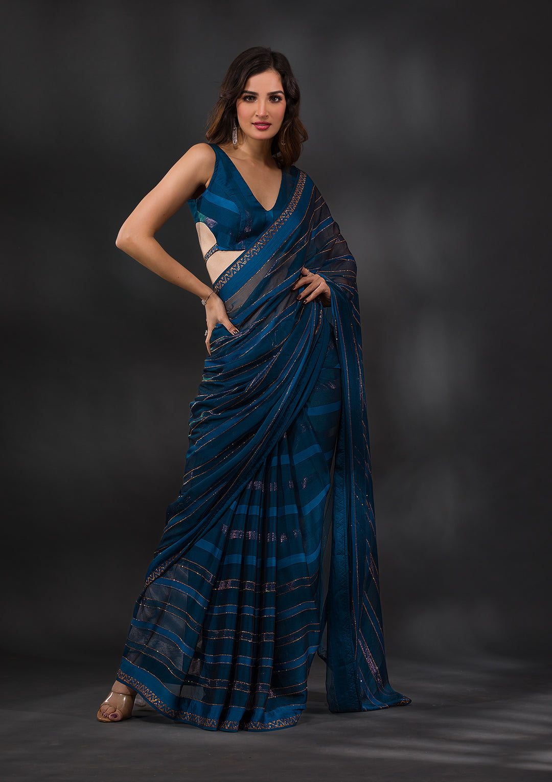 Peacock Blue Swarovski Tissue Saree-Koskii