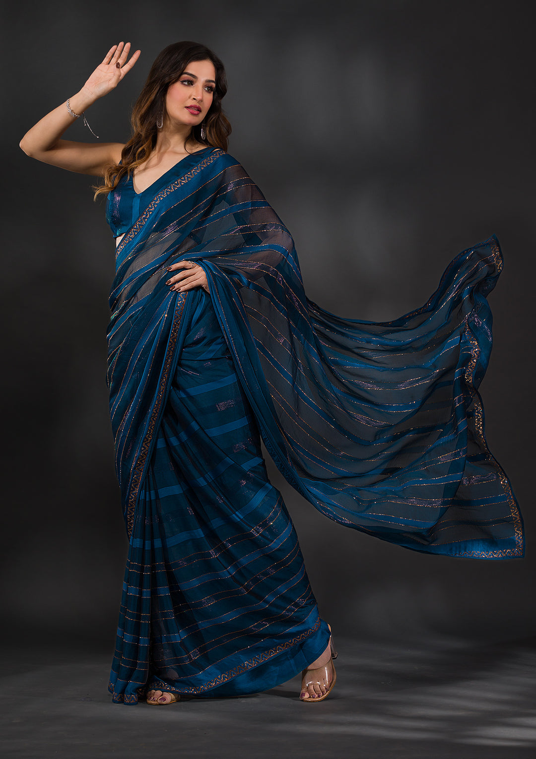 Peacock Blue Swarovski Tissue Saree-Koskii
