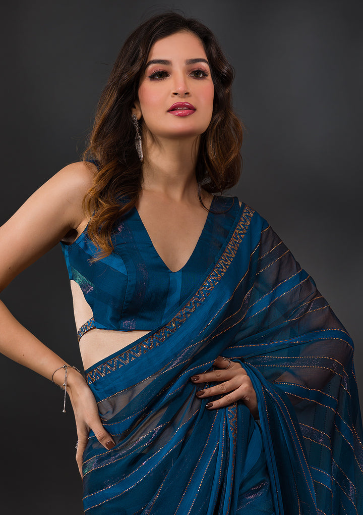 Peacock Blue Swarovski Tissue Saree-Koskii
