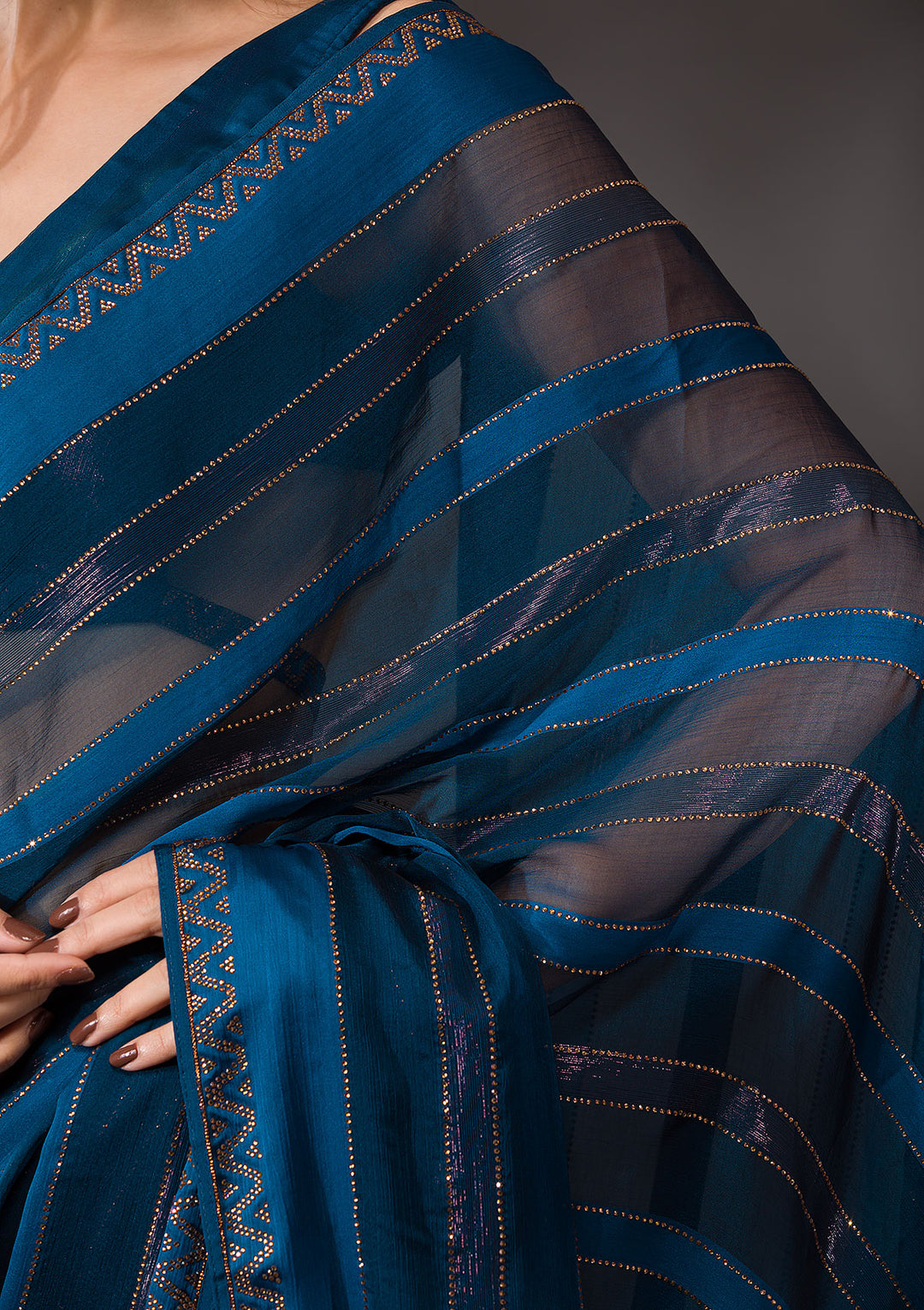Peacock Blue Swarovski Tissue Saree-Koskii