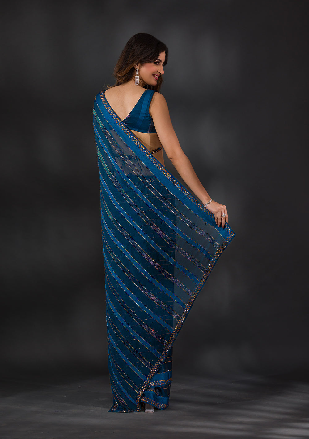 Peacock Blue Swarovski Tissue Saree-Koskii