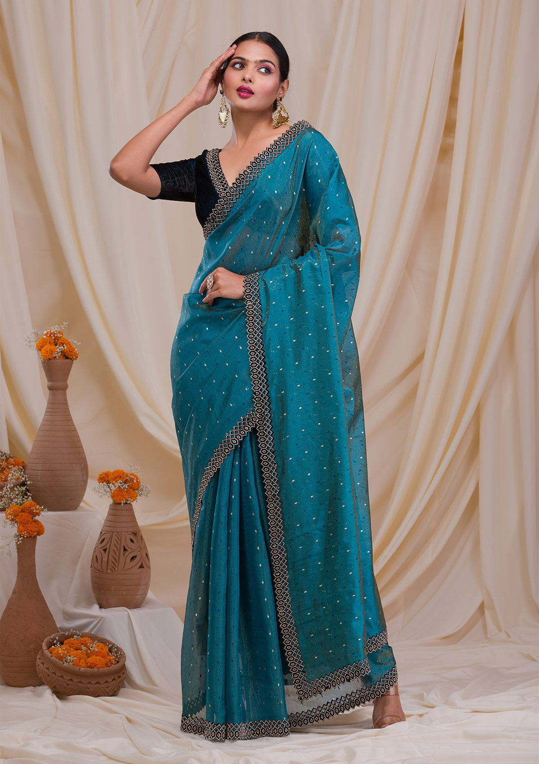 Peacock Blue Swarovski Tissue Saree-Koskii