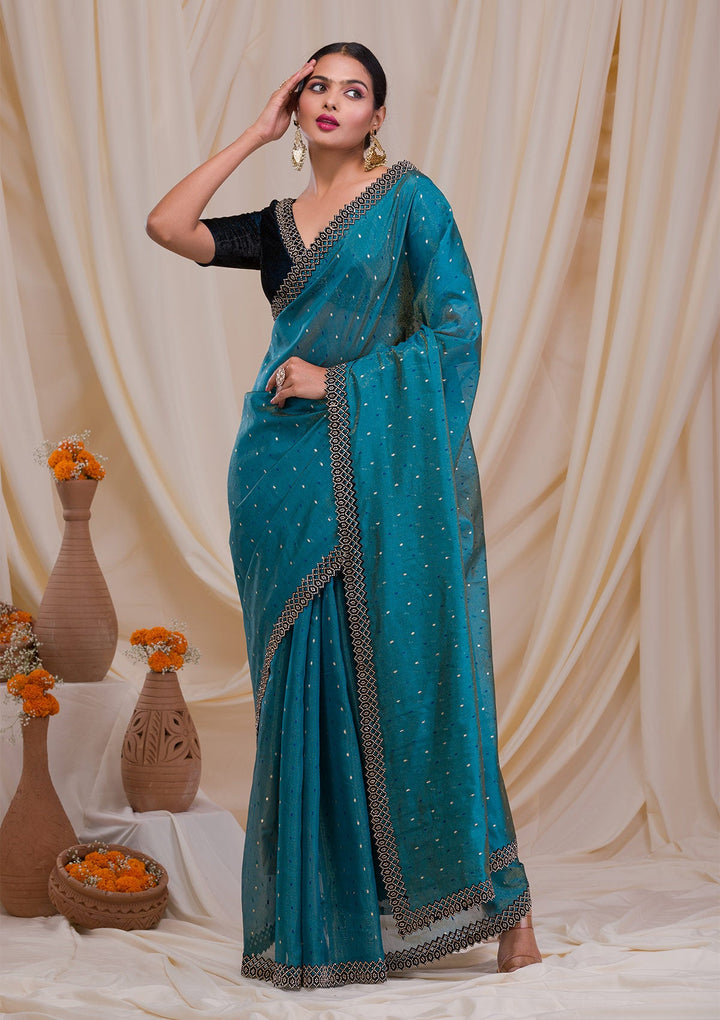 Peacock Blue Swarovski Tissue Saree-Koskii