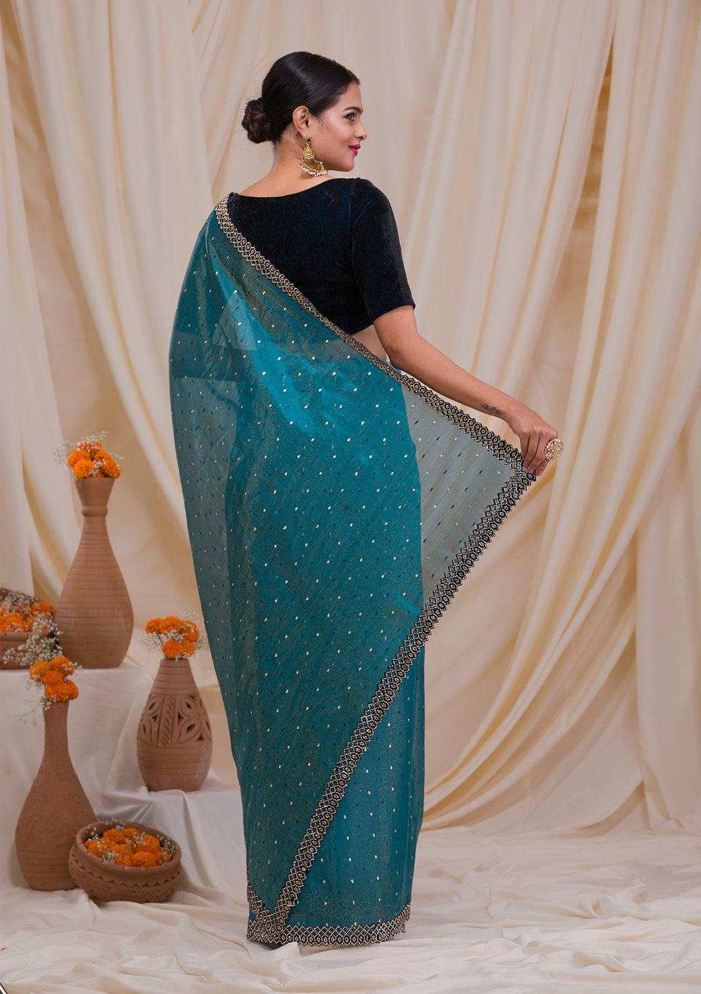 Peacock Blue Swarovski Tissue Saree-Koskii