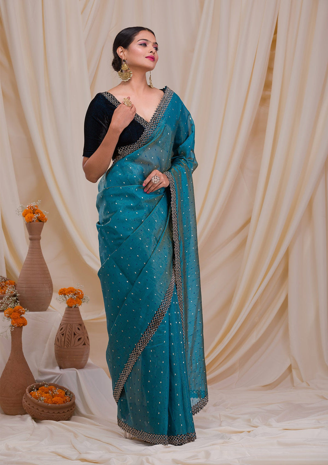 Peacock Blue Swarovski Tissue Saree-Koskii