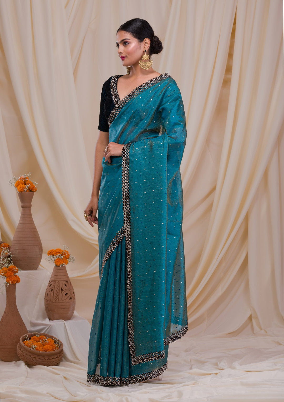 Peacock Blue Swarovski Tissue Saree-Koskii