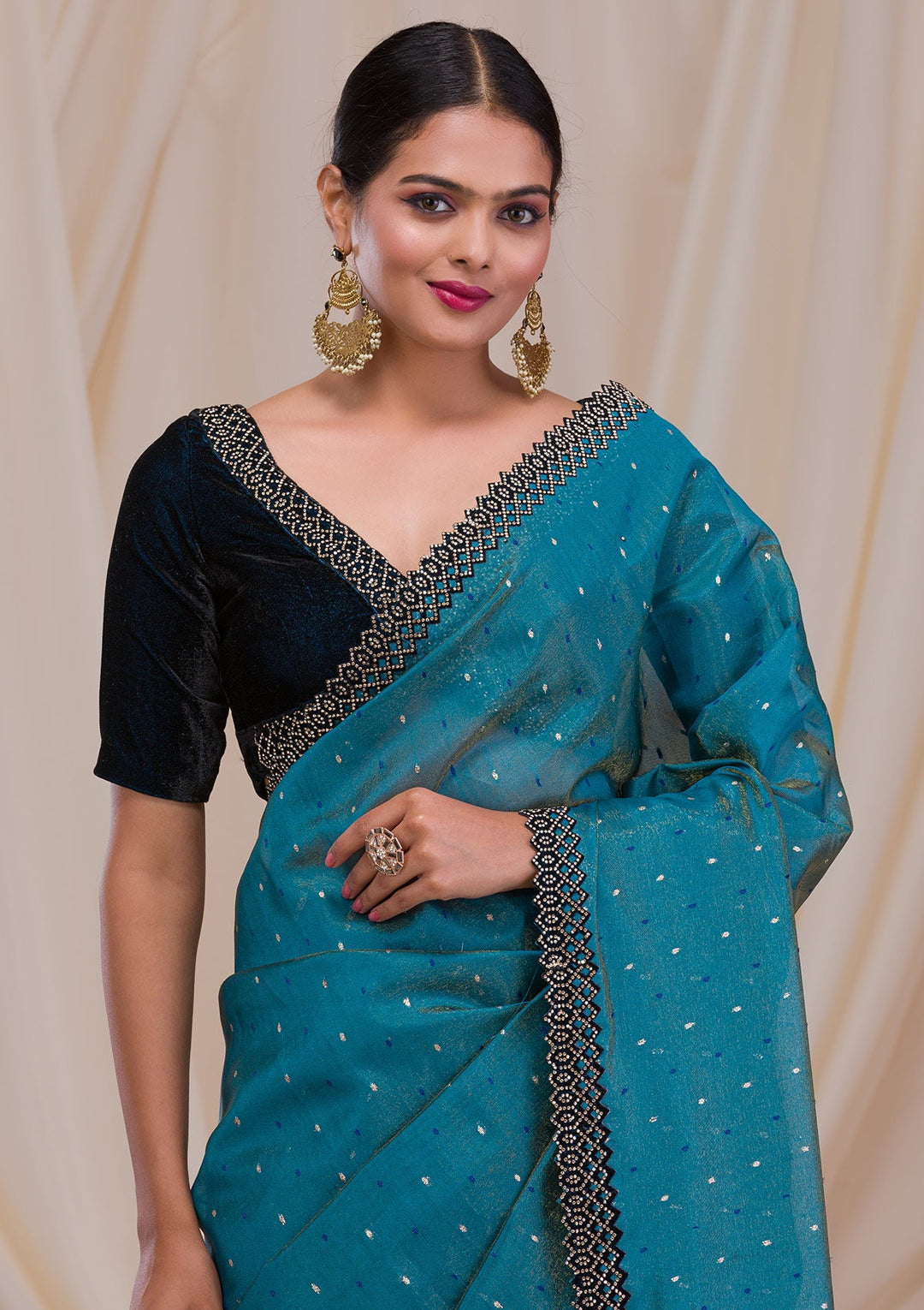 Peacock Blue Swarovski Tissue Saree-Koskii