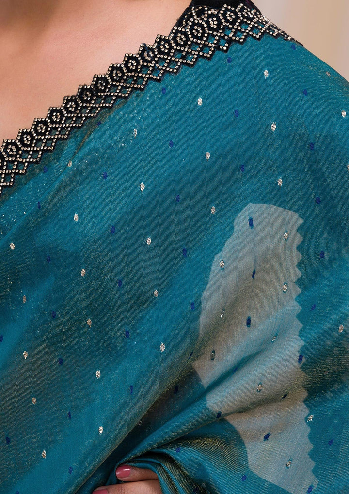 Peacock Blue Swarovski Tissue Saree-Koskii