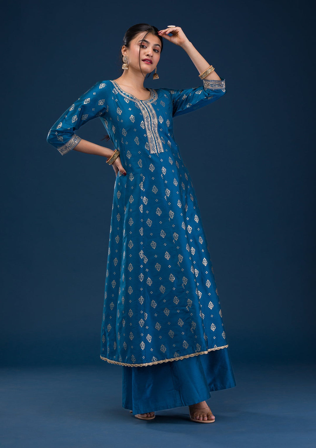 Peacock Blue Threadwork Art Silk Readymade Salwar Suit-Koskii