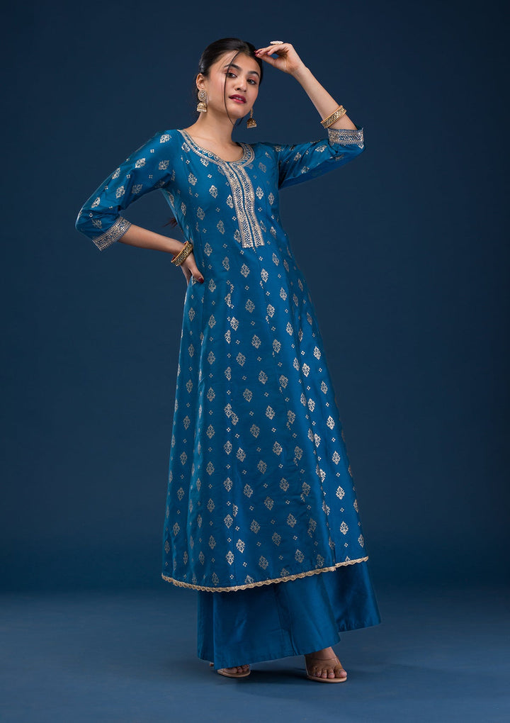 Peacock Blue Threadwork Art Silk Readymade Salwar Suit-Koskii