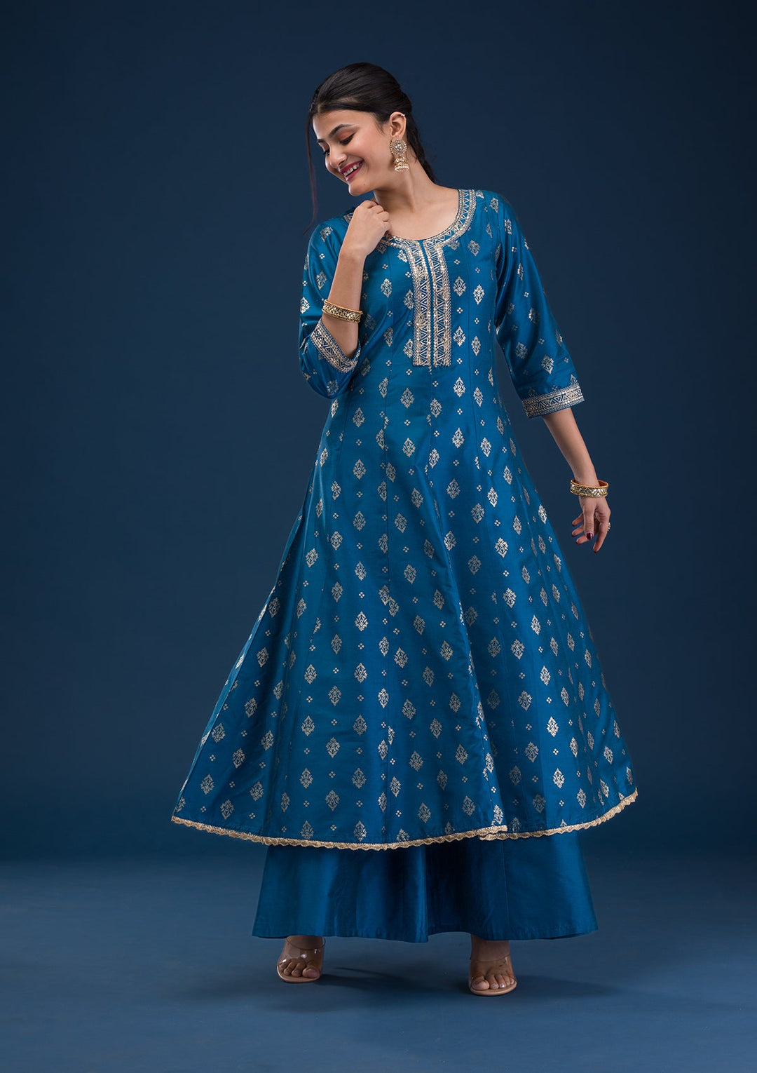 Peacock Blue Threadwork Art Silk Readymade Salwar Suit-Koskii