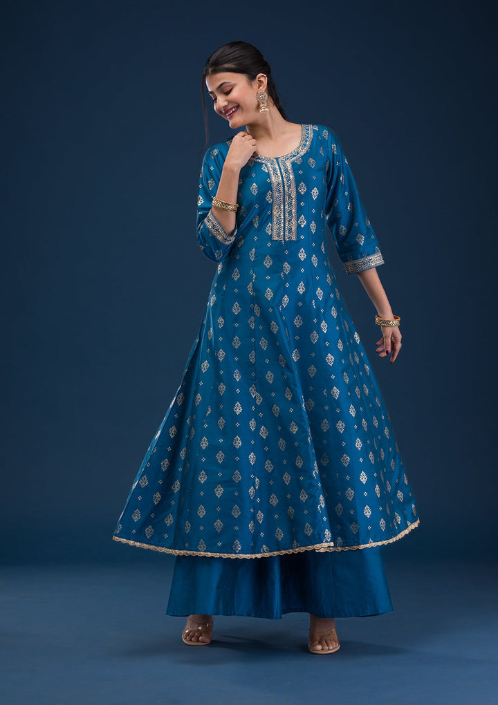 Peacock Blue Threadwork Art Silk Readymade Salwar Suit-Koskii