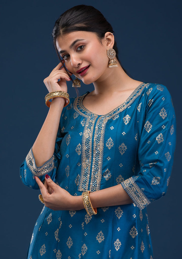 Peacock Blue Threadwork Art Silk Readymade Salwar Suit-Koskii