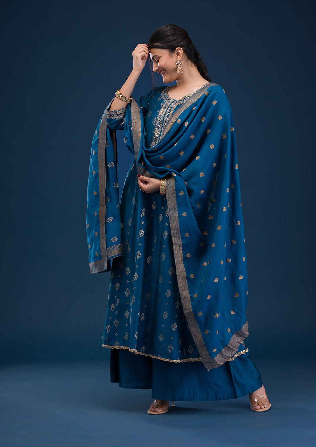 Peacock Blue Threadwork Art Silk Readymade Salwar Suit-Koskii