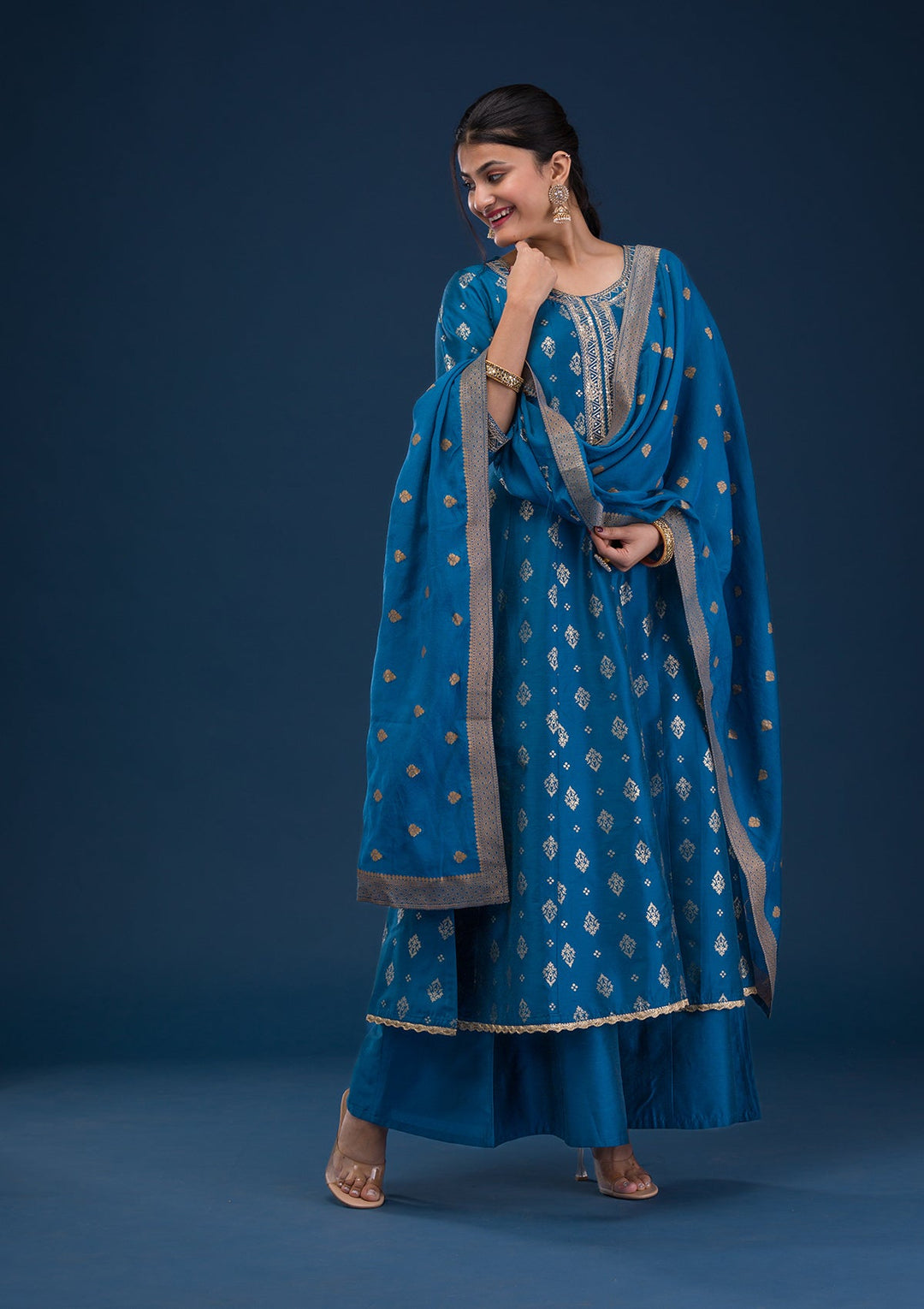 Peacock Blue Threadwork Art Silk Readymade Salwar Suit-Koskii
