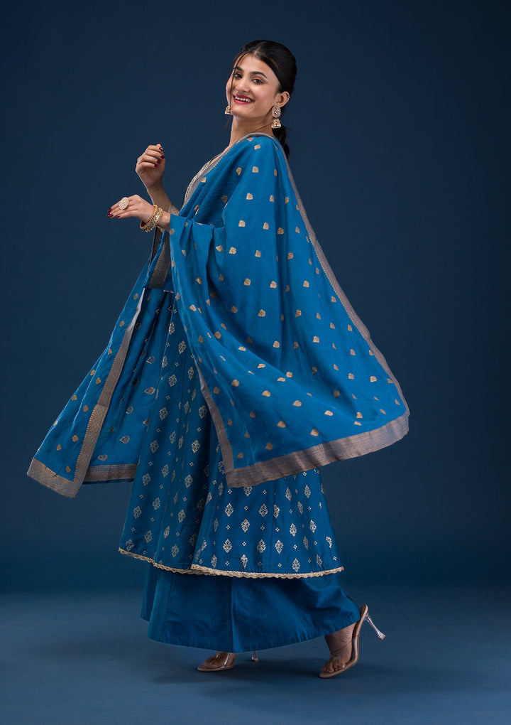 Peacock Blue Threadwork Art Silk Readymade Salwar Suit-Koskii