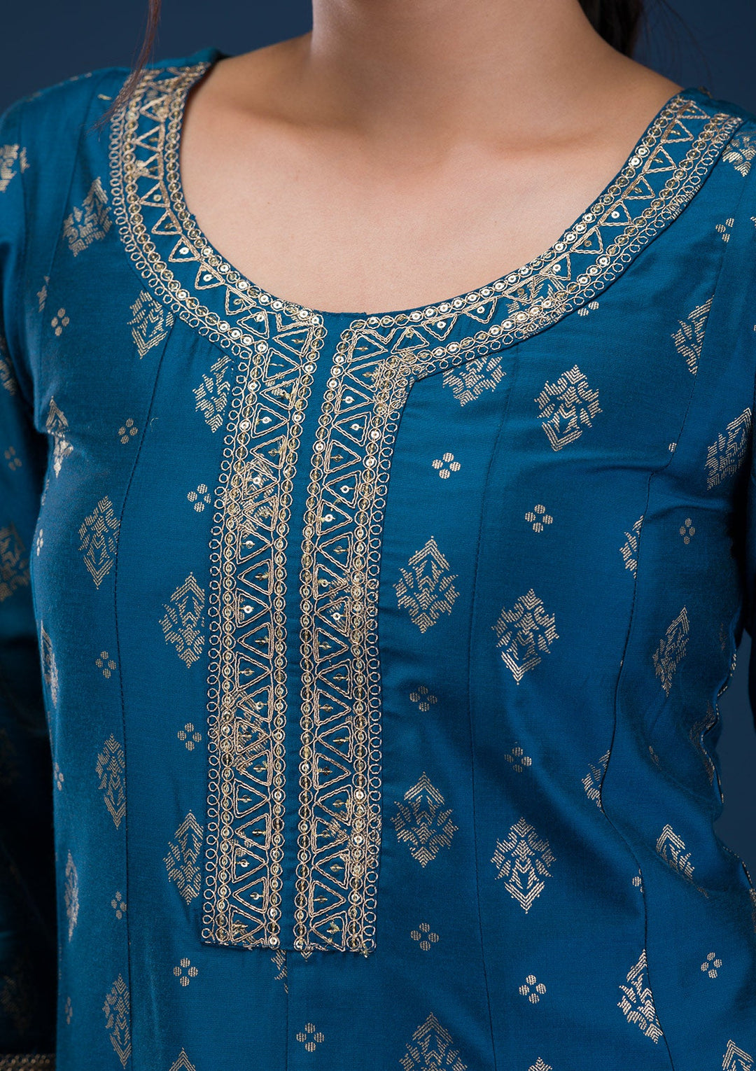 Peacock Blue Threadwork Art Silk Readymade Salwar Suit-Koskii