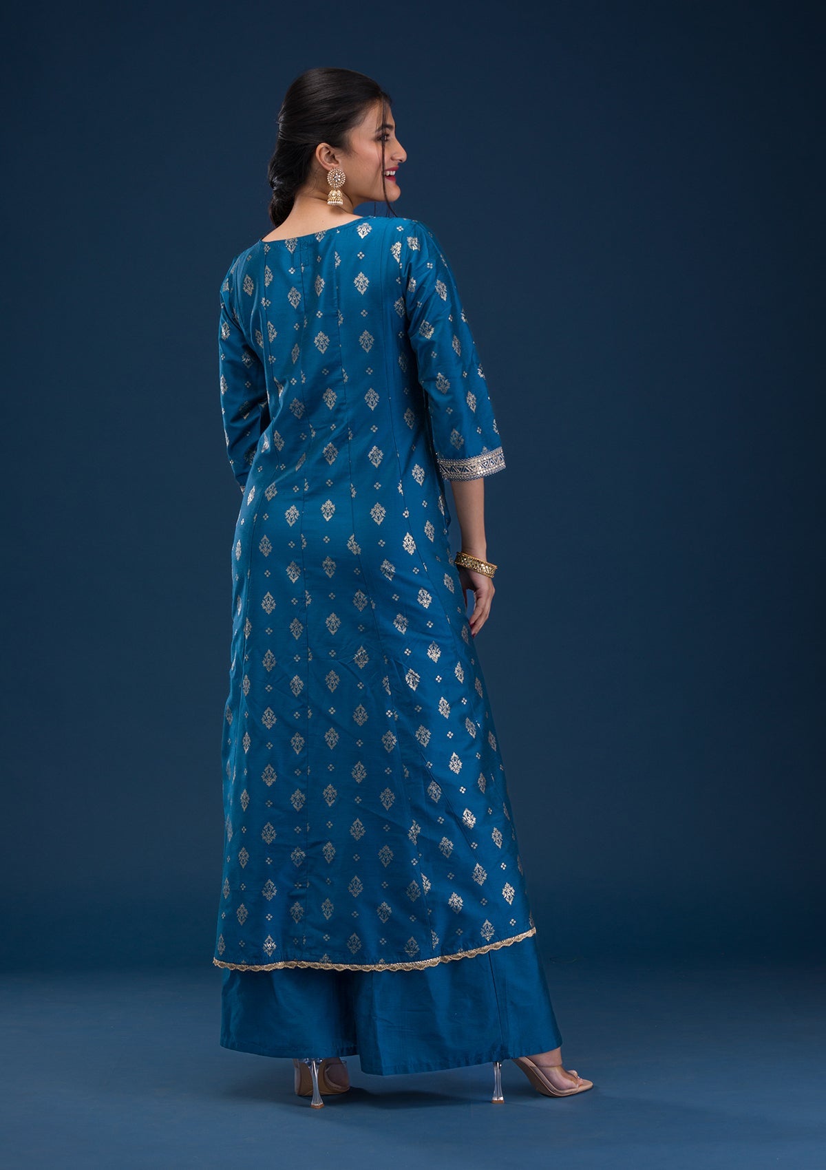 Peacock Blue Threadwork Art Silk Readymade Salwar Suit-Koskii