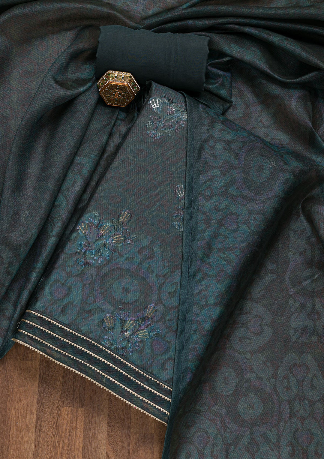 Peacock Blue Threadwork Chanderi Unstitched Salwar Suit-Koskii