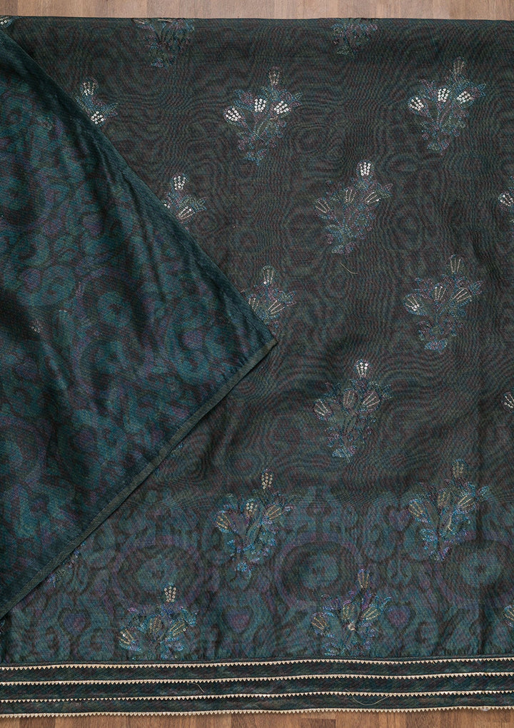 Peacock Blue Threadwork Chanderi Unstitched Salwar Suit-Koskii