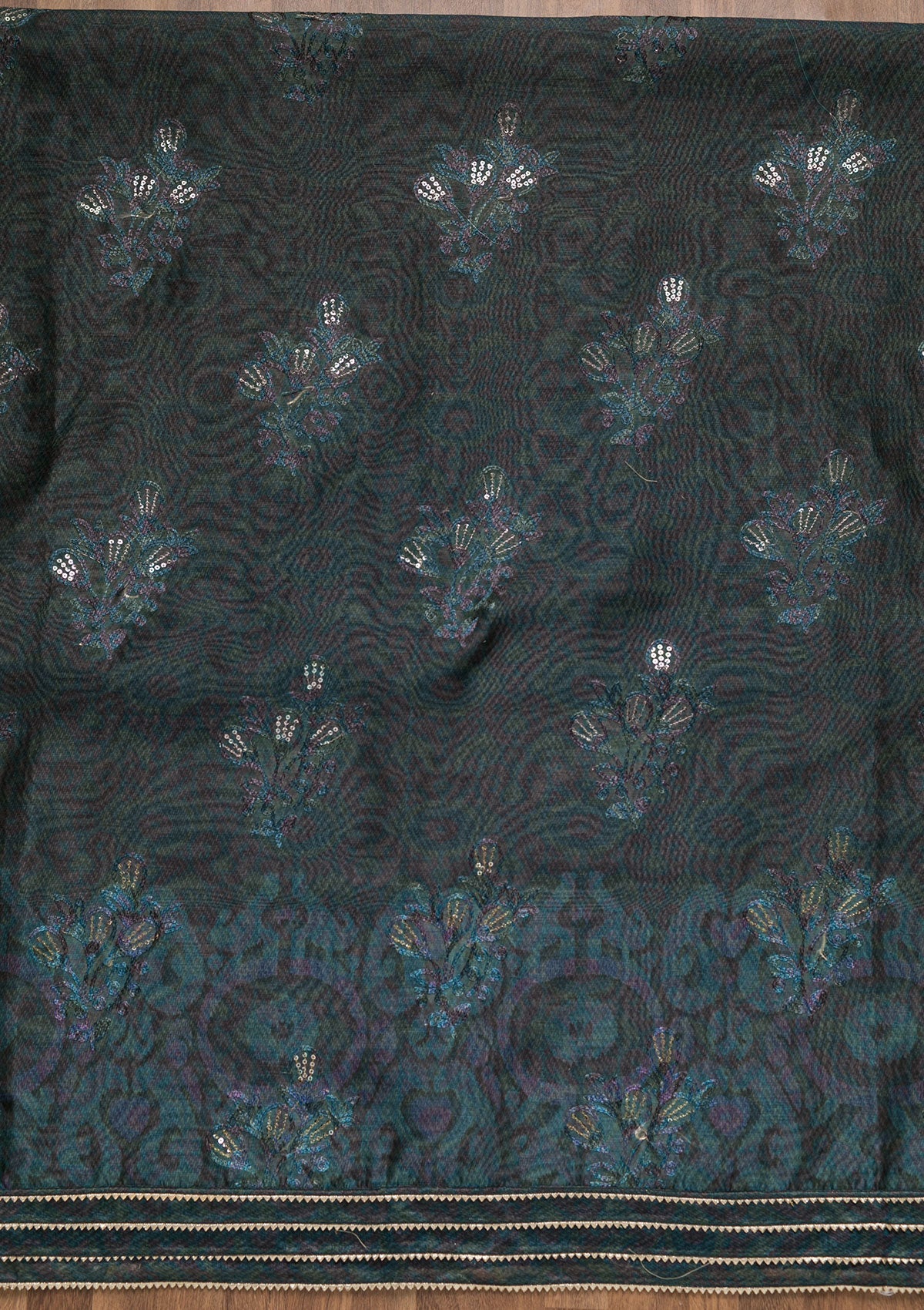 Peacock Blue Threadwork Chanderi Unstitched Salwar Suit-Koskii