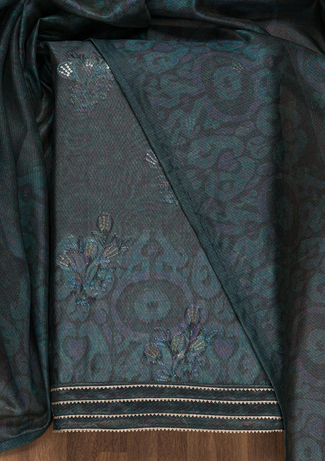 Peacock Blue Threadwork Chanderi Unstitched Salwar Suit-Koskii