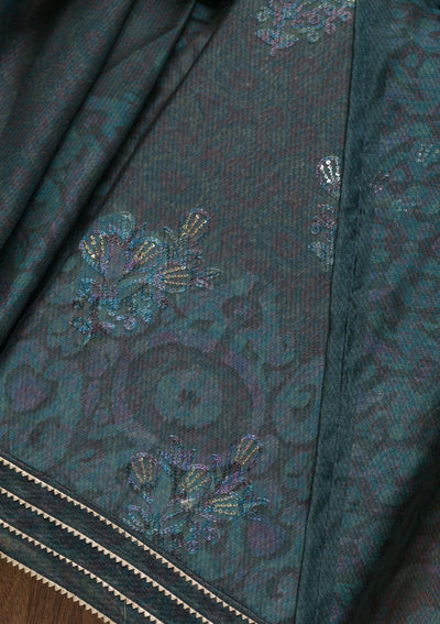 Peacock Blue Threadwork Chanderi Unstitched Salwar Suit-Koskii