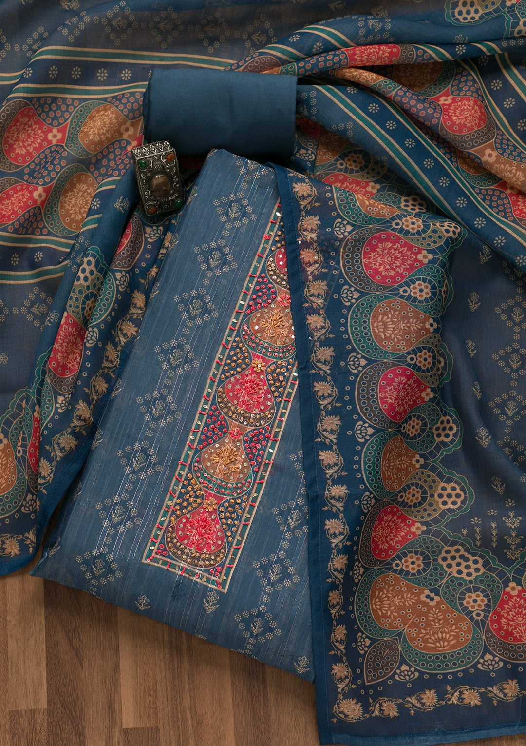 Peacock Blue Threadwork Chanderi Unstitched Salwar Suit-Koskii