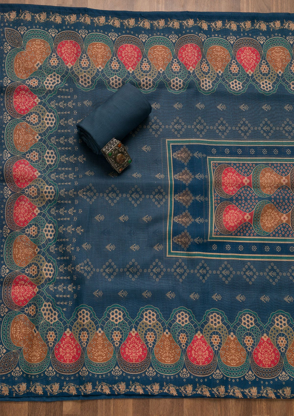Peacock Blue Threadwork Chanderi Unstitched Salwar Suit-Koskii