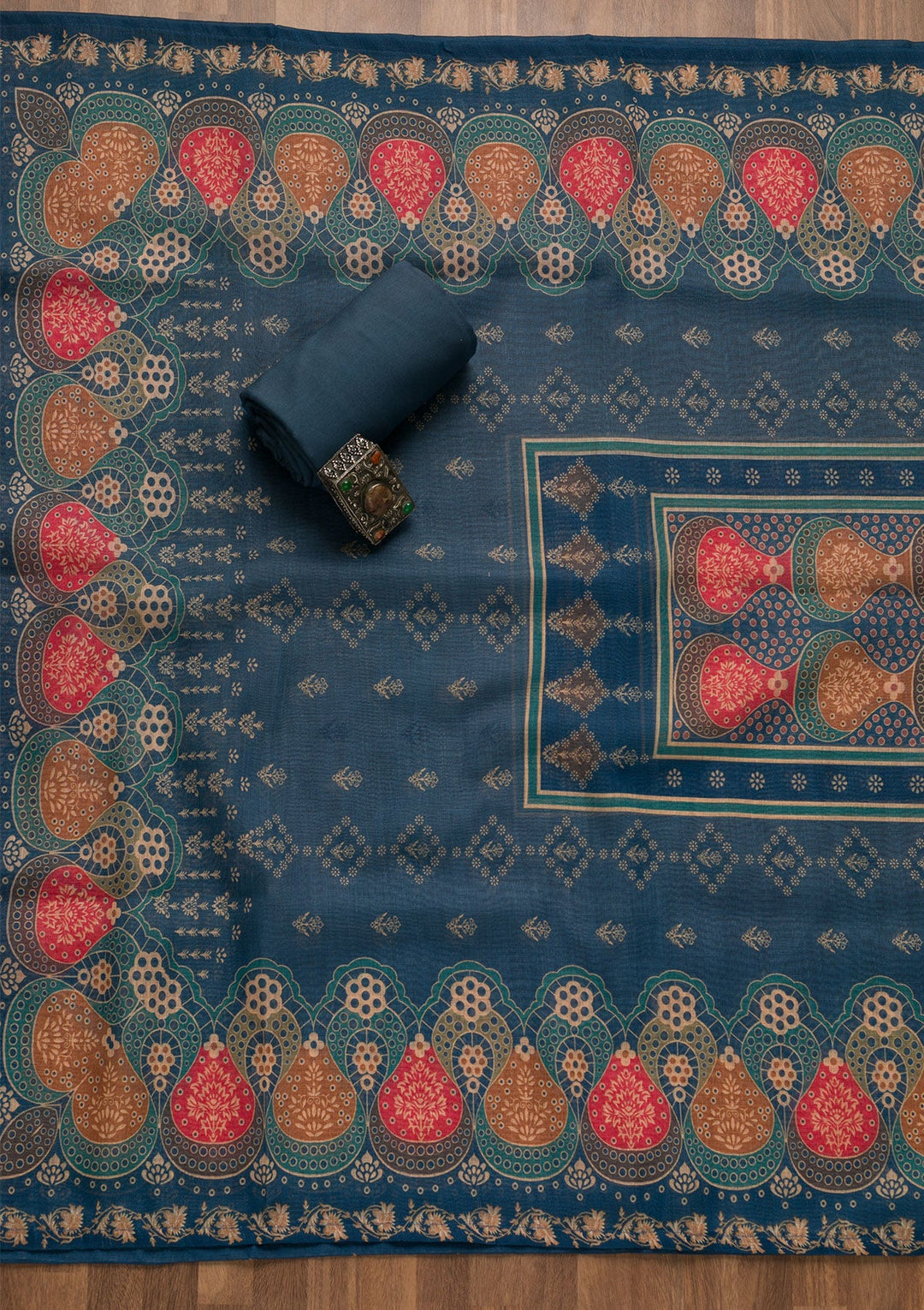 Peacock Blue Threadwork Chanderi Unstitched Salwar Suit-Koskii
