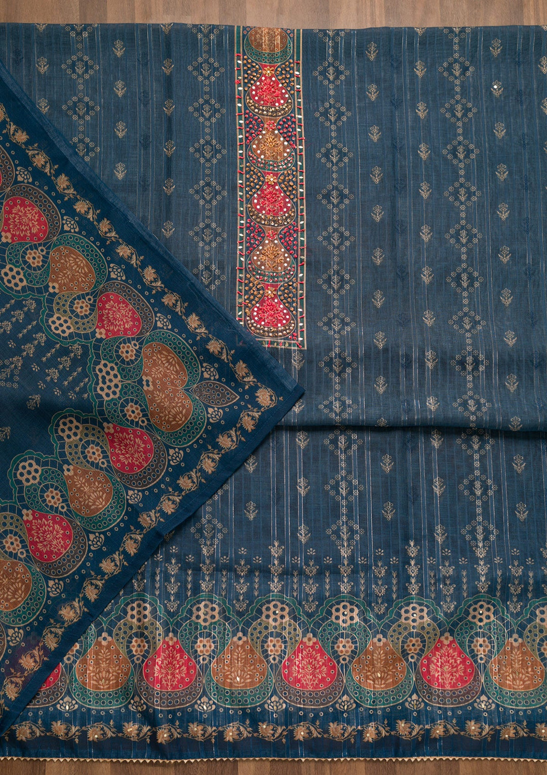 Peacock Blue Threadwork Chanderi Unstitched Salwar Suit-Koskii