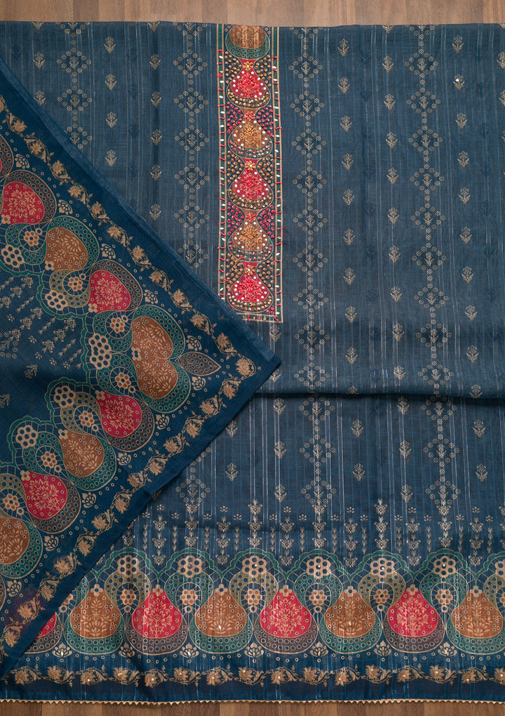 Peacock Blue Threadwork Chanderi Unstitched Salwar Suit-Koskii