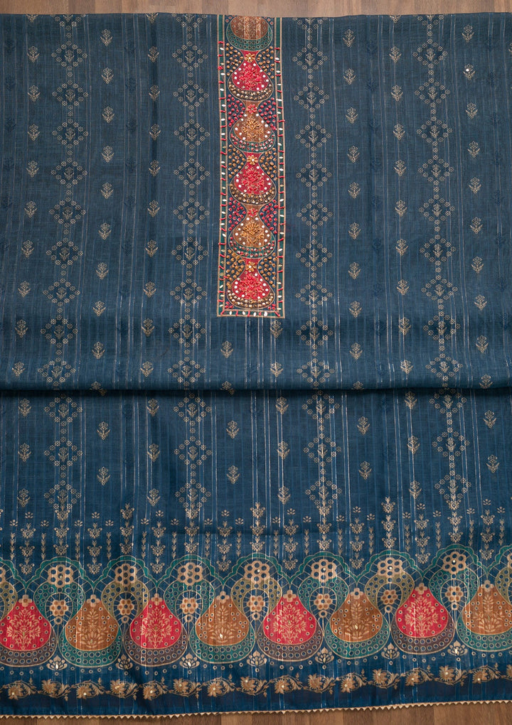 Peacock Blue Threadwork Chanderi Unstitched Salwar Suit-Koskii