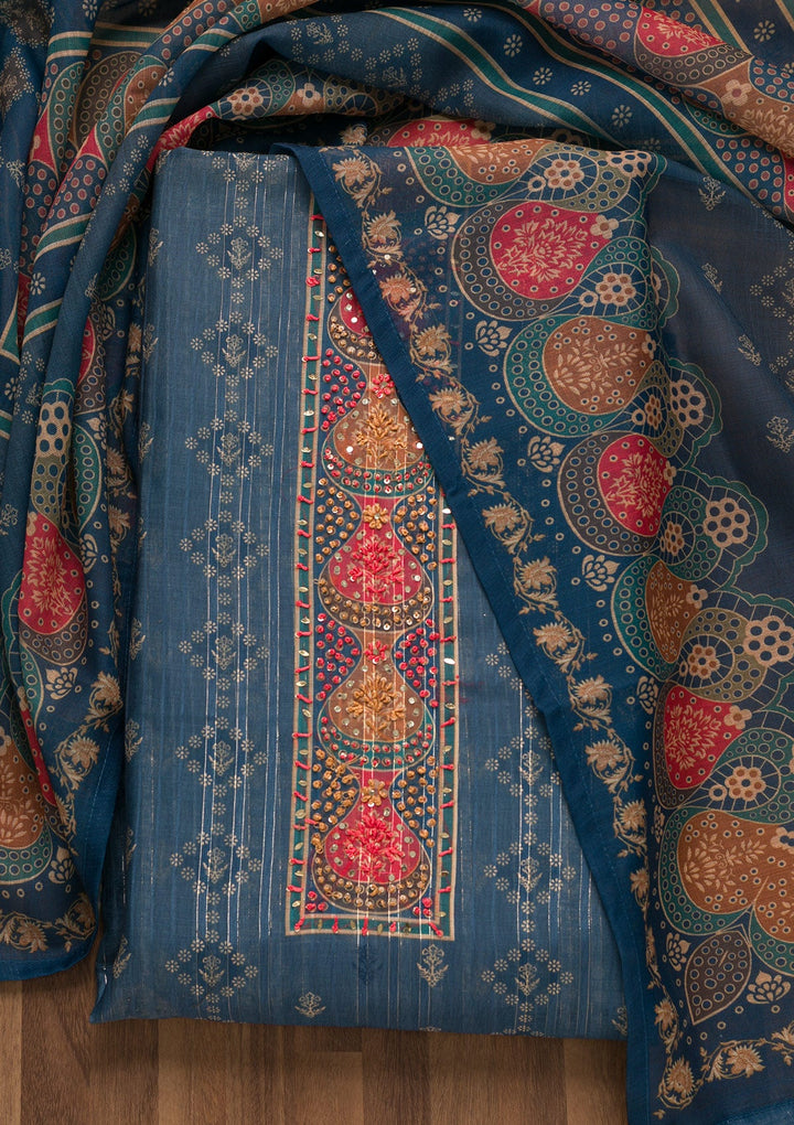 Peacock Blue Threadwork Chanderi Unstitched Salwar Suit-Koskii