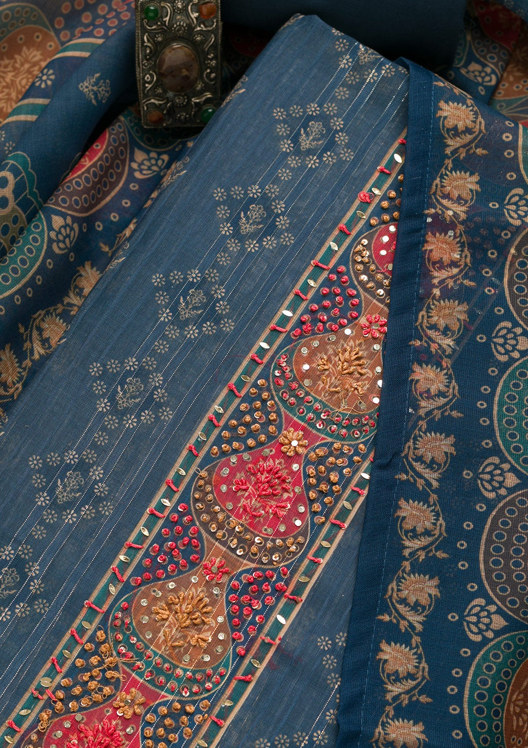 Peacock Blue Threadwork Chanderi Unstitched Salwar Suit-Koskii