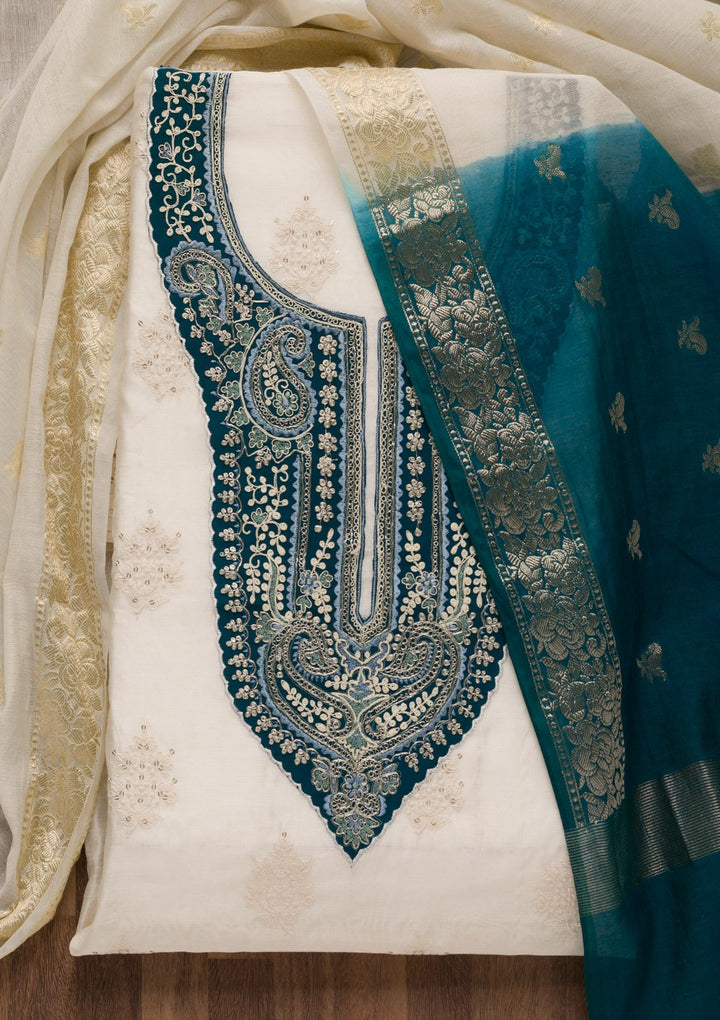 Peacock Blue Threadwork Cotton Unstitched Salwar Suit-Koskii