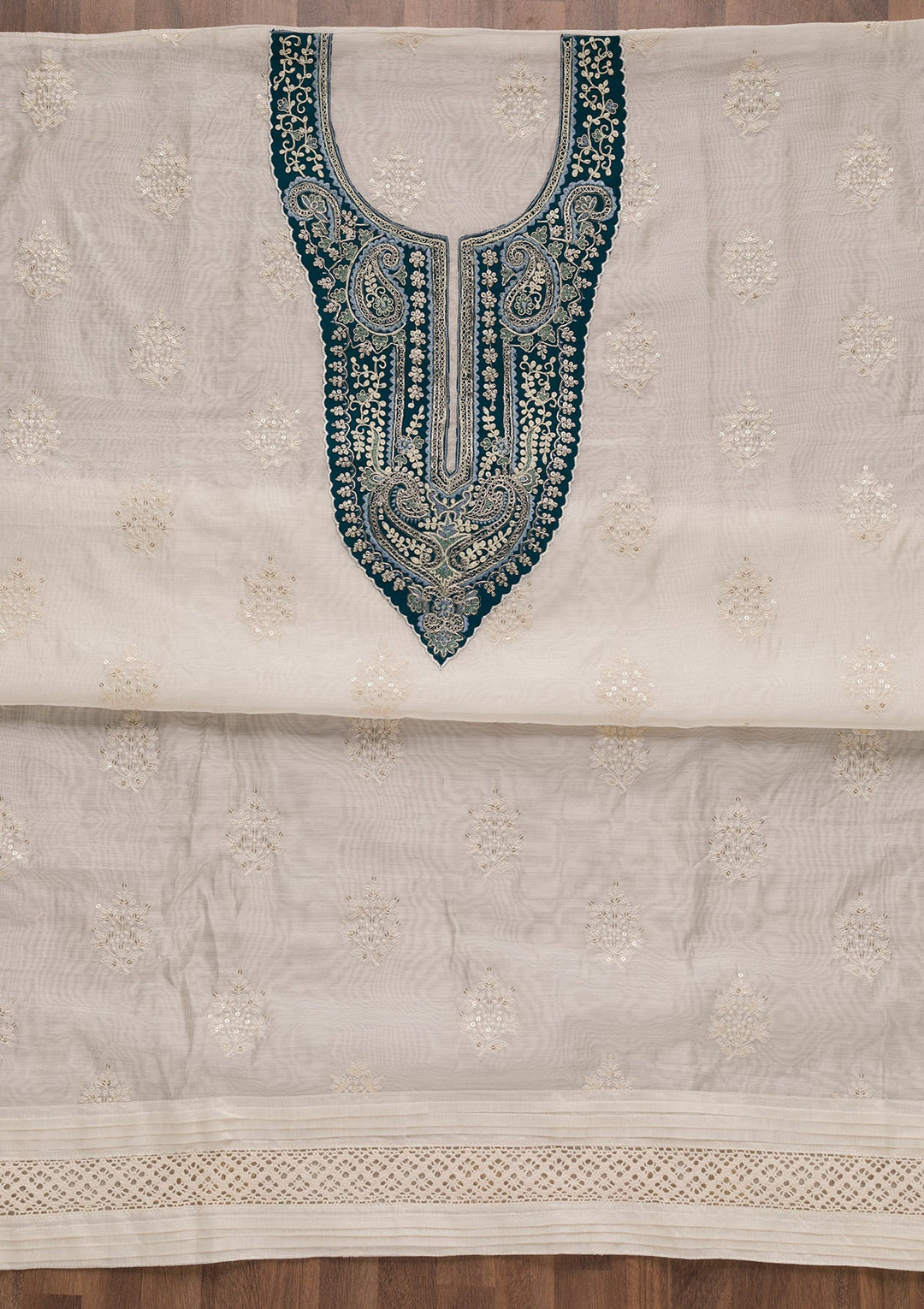 Peacock Blue Threadwork Cotton Unstitched Salwar Suit-Koskii