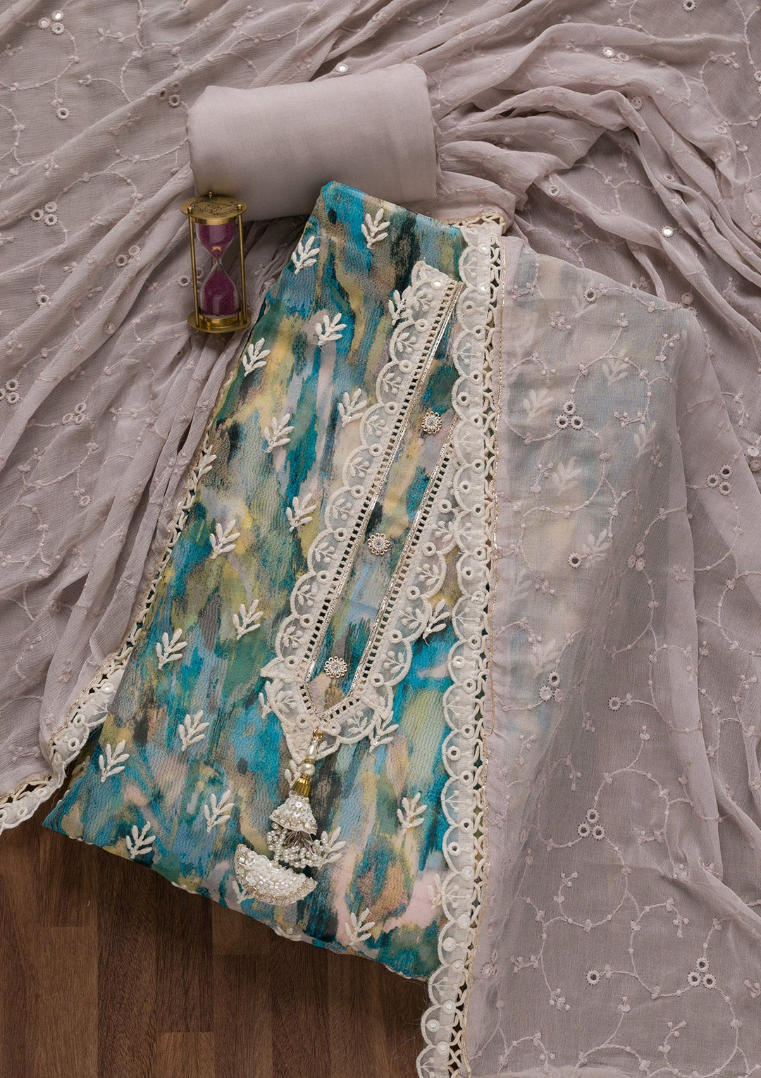 Peacock Blue Threadwork Georgette Unstitched Salwar Suit-Koskii