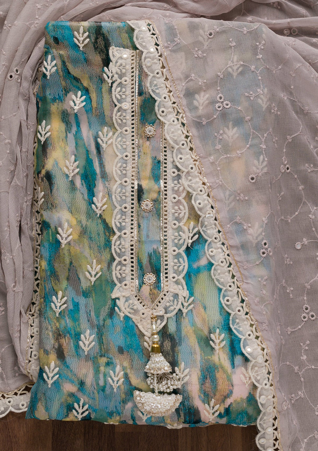 Peacock Blue Threadwork Georgette Unstitched Salwar Suit-Koskii