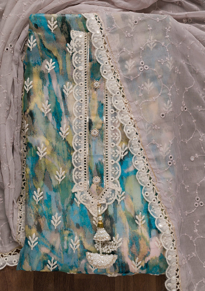 Peacock Blue Threadwork Georgette Unstitched Salwar Suit-Koskii