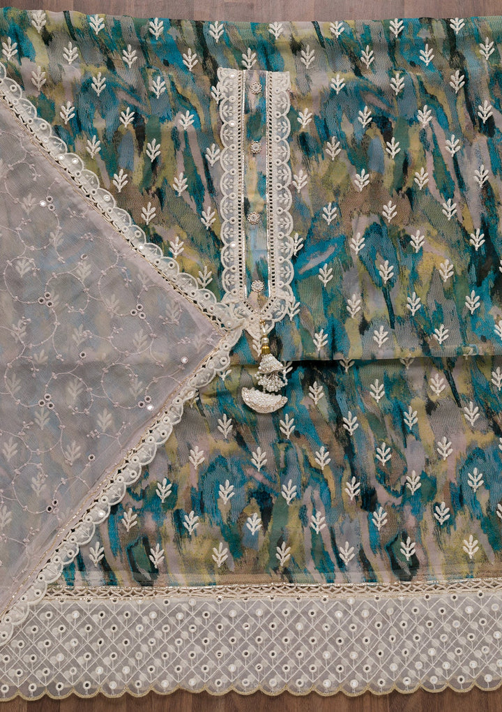 Peacock Blue Threadwork Georgette Unstitched Salwar Suit-Koskii