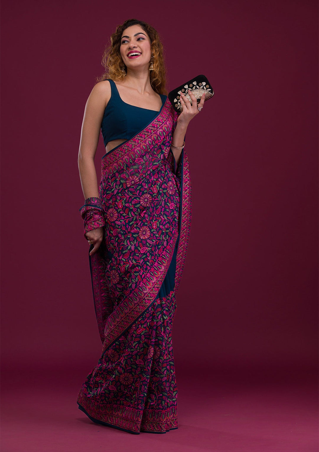 Peacock Blue Threadwork Georgette Saree-Koskii