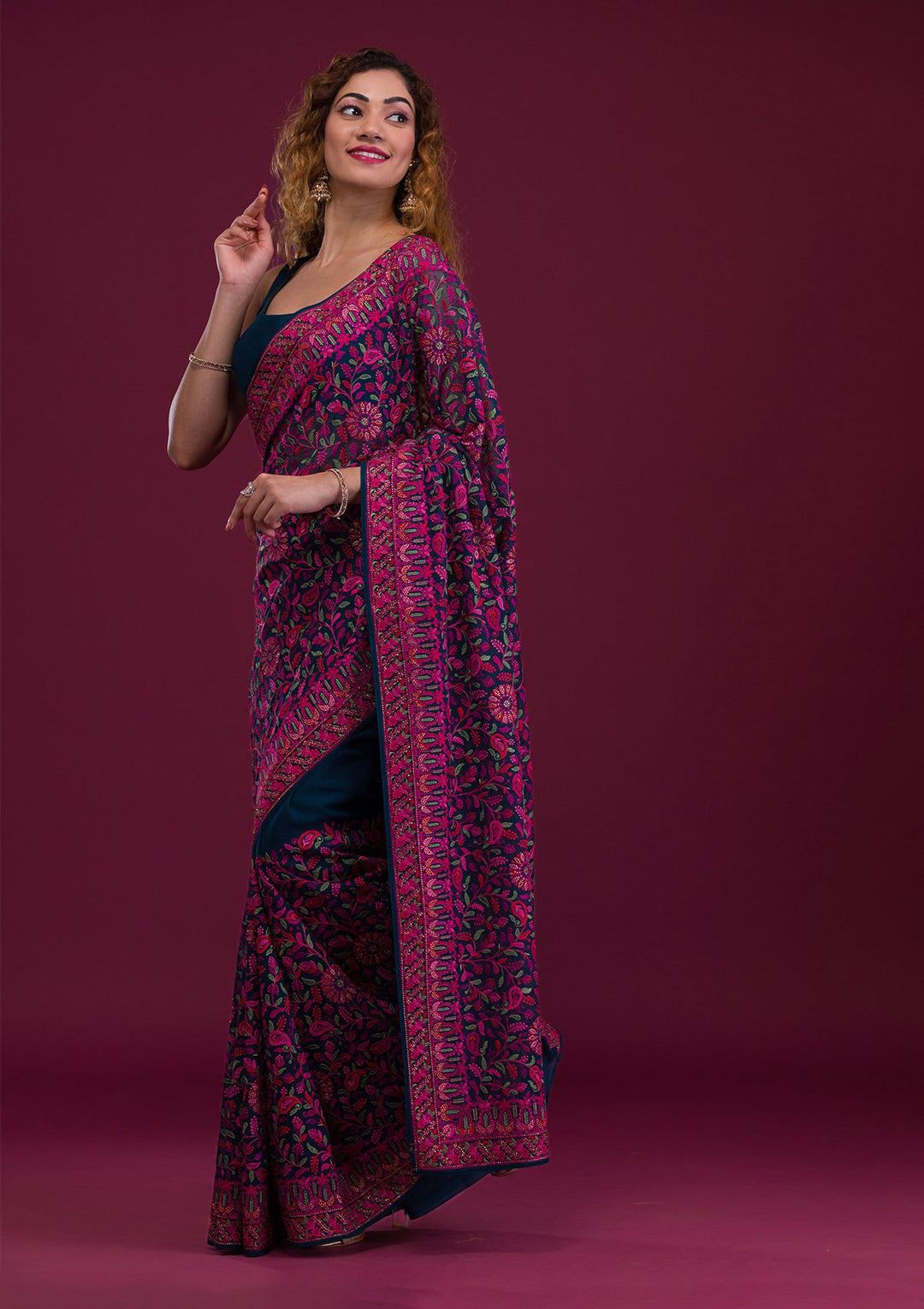 Peacock Blue Threadwork Georgette Saree-Koskii