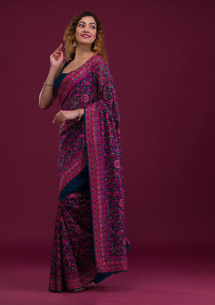 Peacock Blue Threadwork Georgette Saree-Koskii