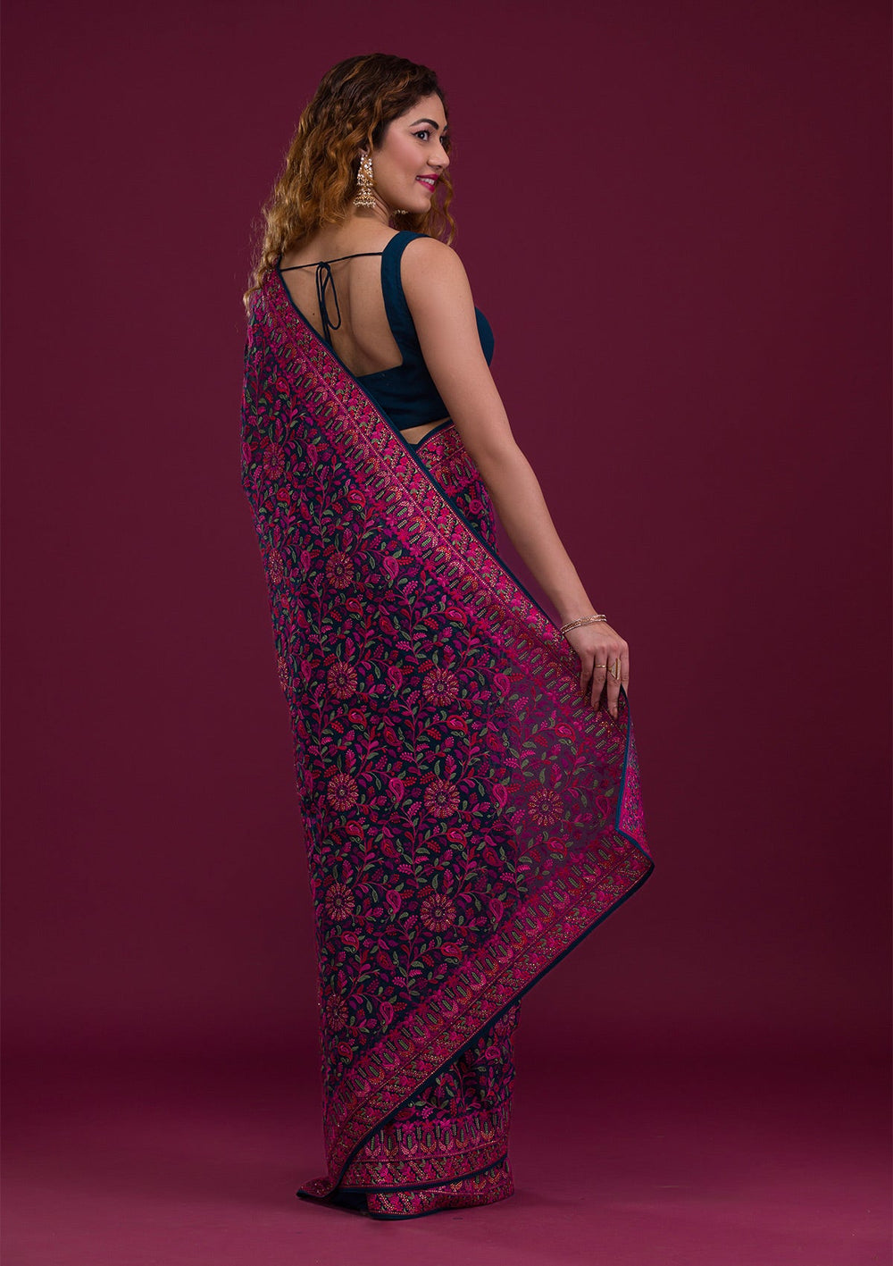 Peacock Blue Threadwork Georgette Saree-Koskii