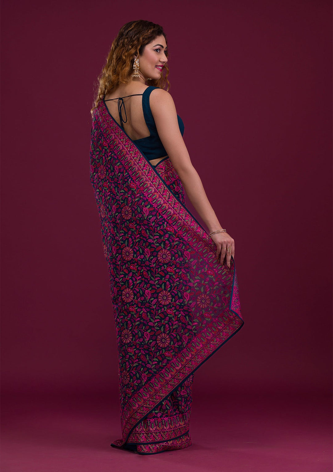 Peacock Blue Threadwork Georgette Saree-Koskii