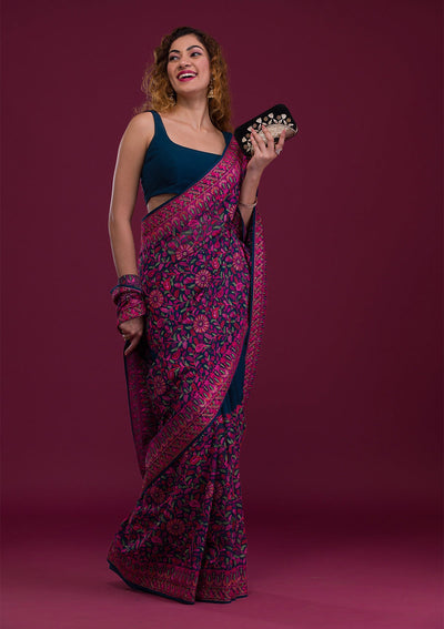 Peacock Blue Threadwork Georgette Saree-Koskii