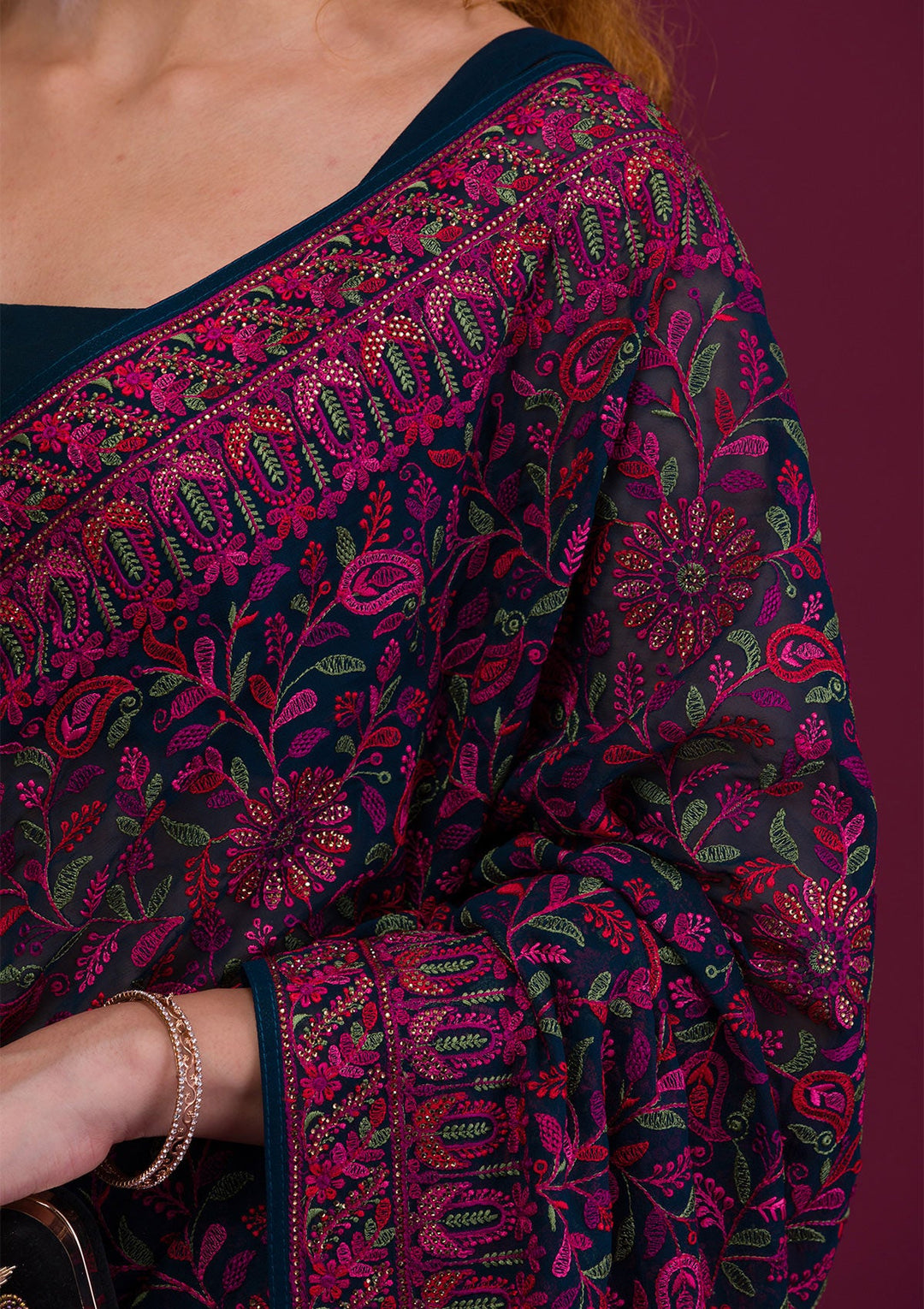 Peacock Blue Threadwork Georgette Saree-Koskii