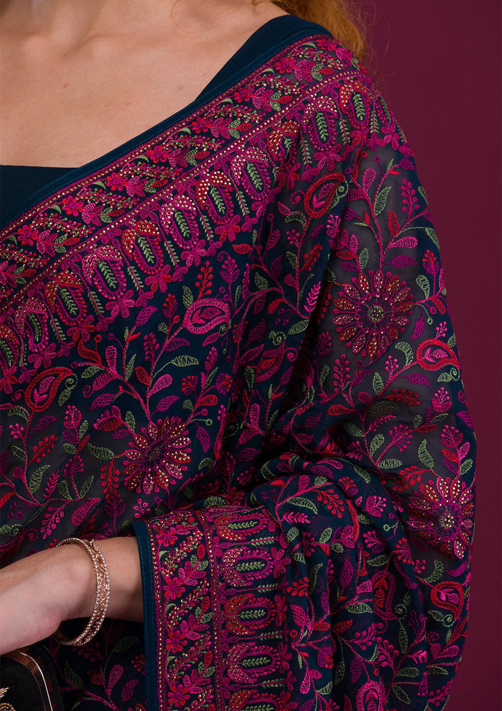 Peacock Blue Threadwork Georgette Saree-Koskii